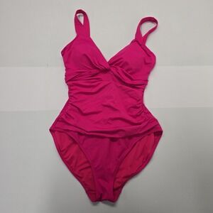 Lauren Ralph Lauren Womens Hot Pink Ruched One‎ Piece Swimsuit V Neck Size 10
